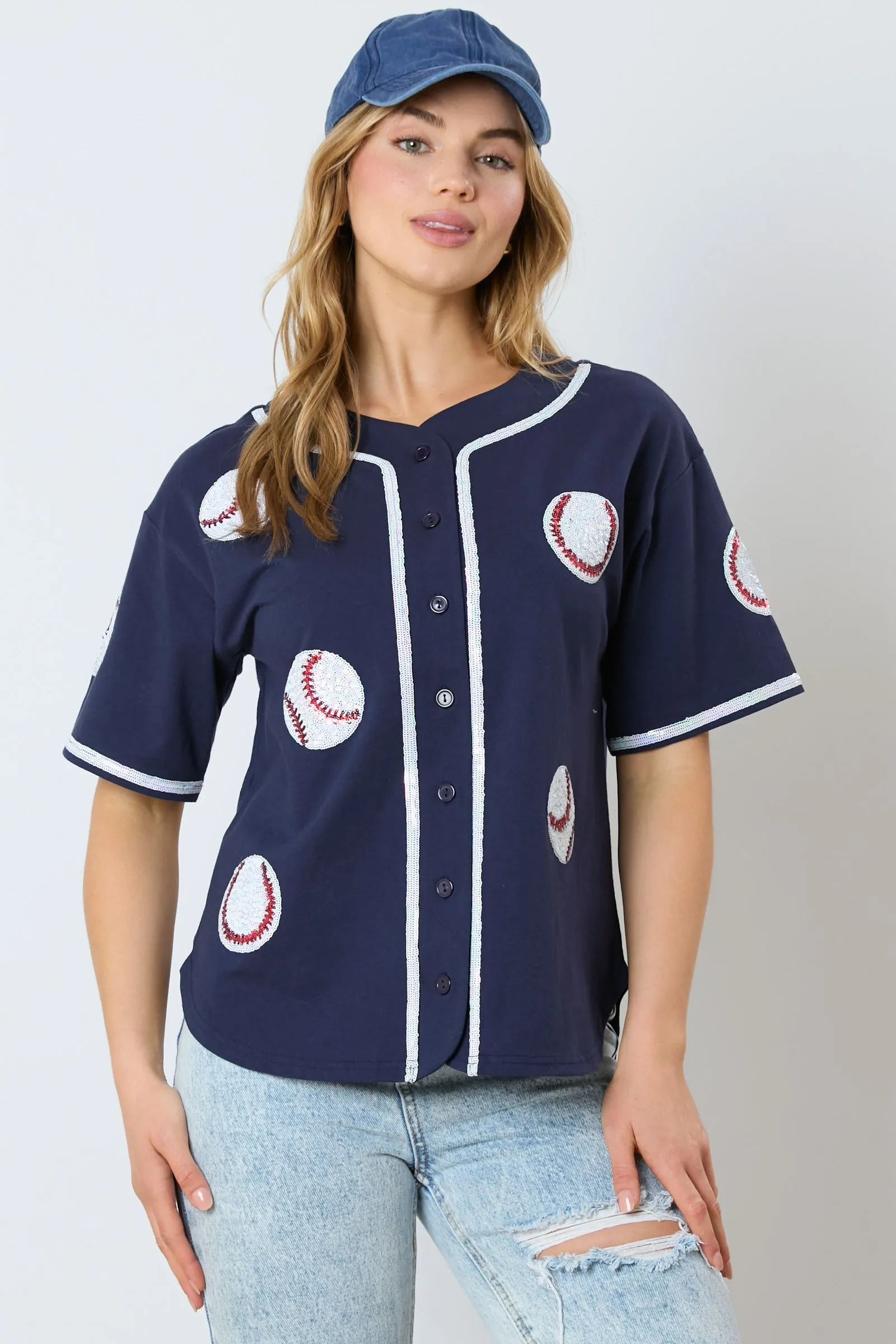 French Terry Sequins Baseball Top