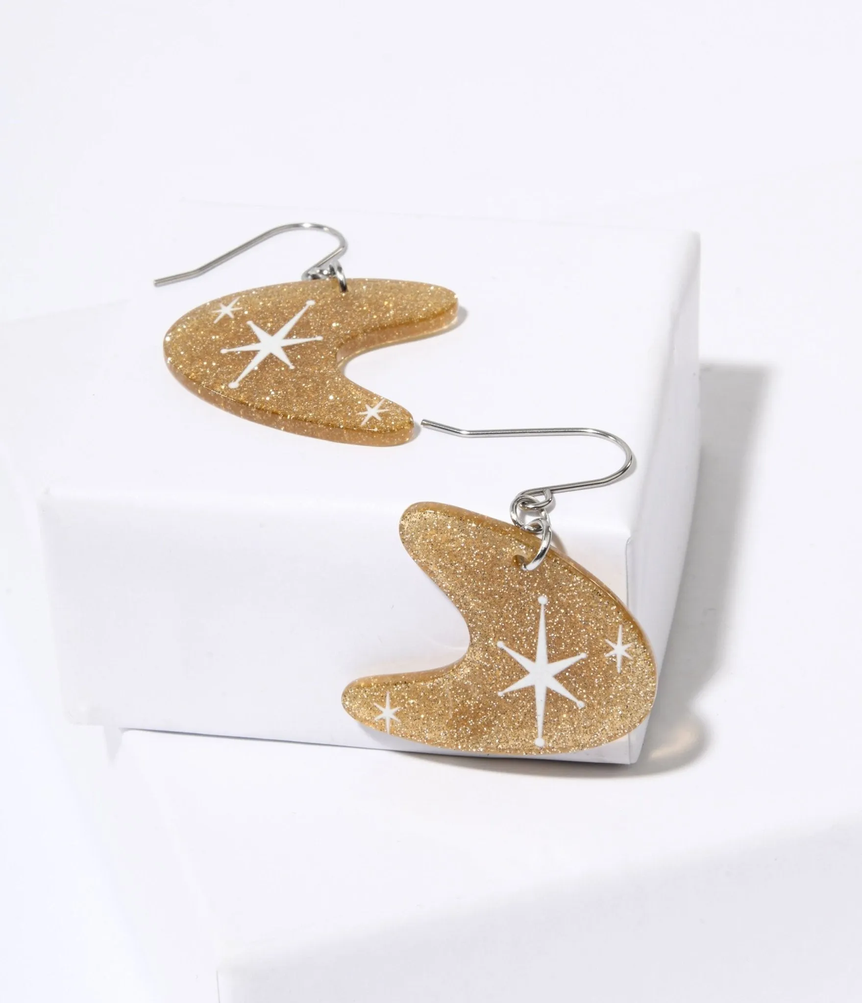 Gold Glitter Atomic Boomerang Dangle Earrings