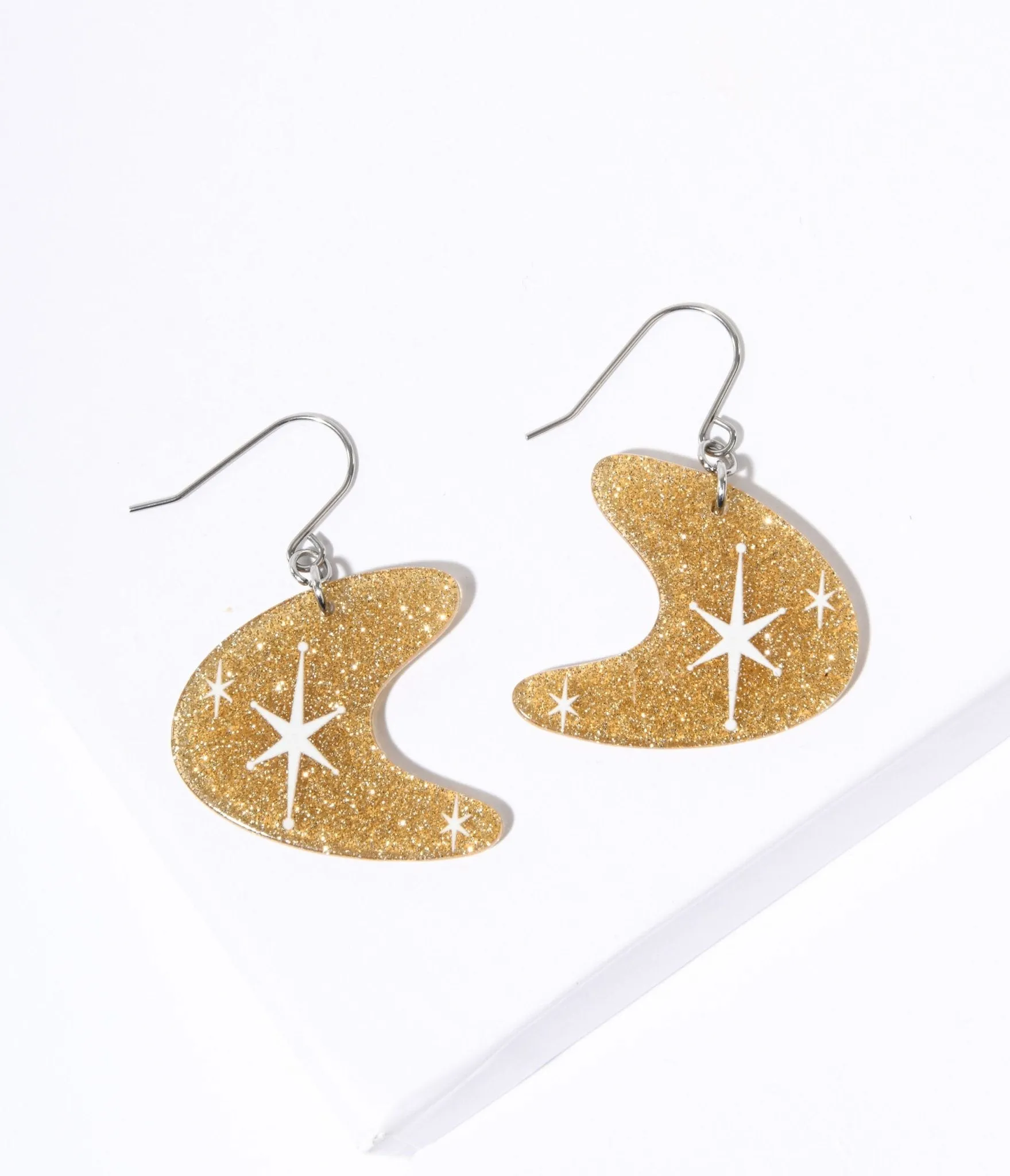 Gold Glitter Atomic Boomerang Dangle Earrings