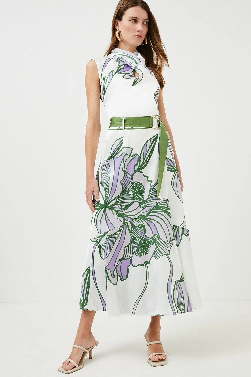 Graphic Floral Belted Floaty Midi Skirt | Karen Millen