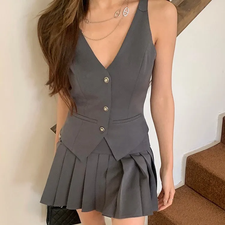 Grey Vest Skirt Suit