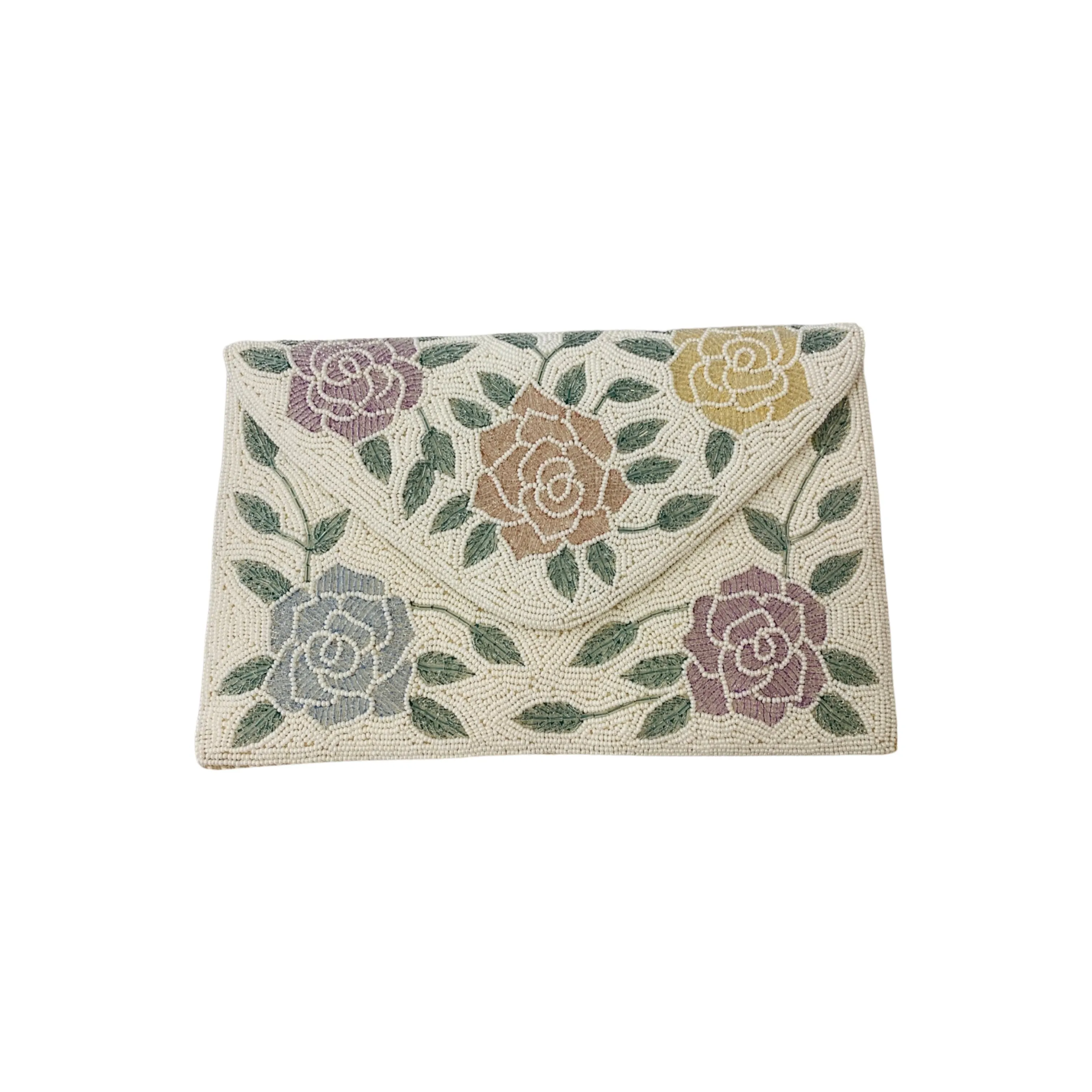 Ivory Multi Flowers Glass Bead Clutch