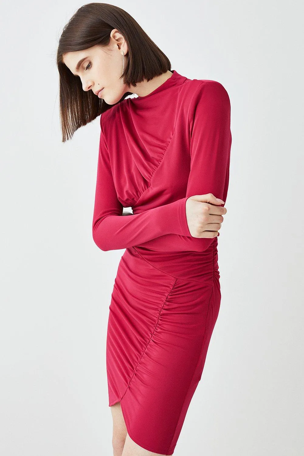 Jersey Crepe Rouched Long Sleeve Mini Dress | Karen Millen