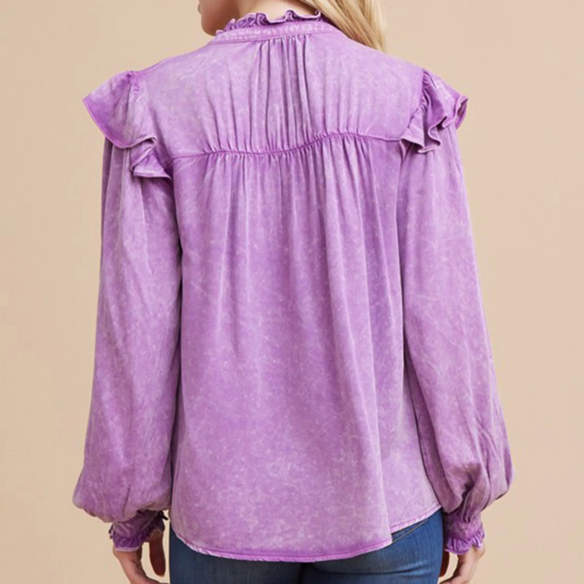 Jodifl Women's Purple Ruffle Poet Sleeve Shirt