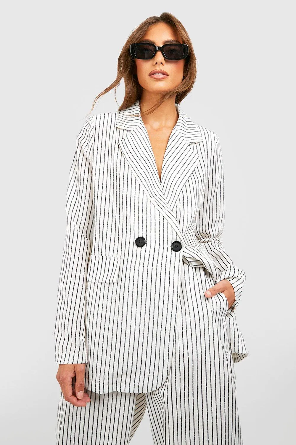 Lightweight Linen Look Striped Contrast Button Blazer