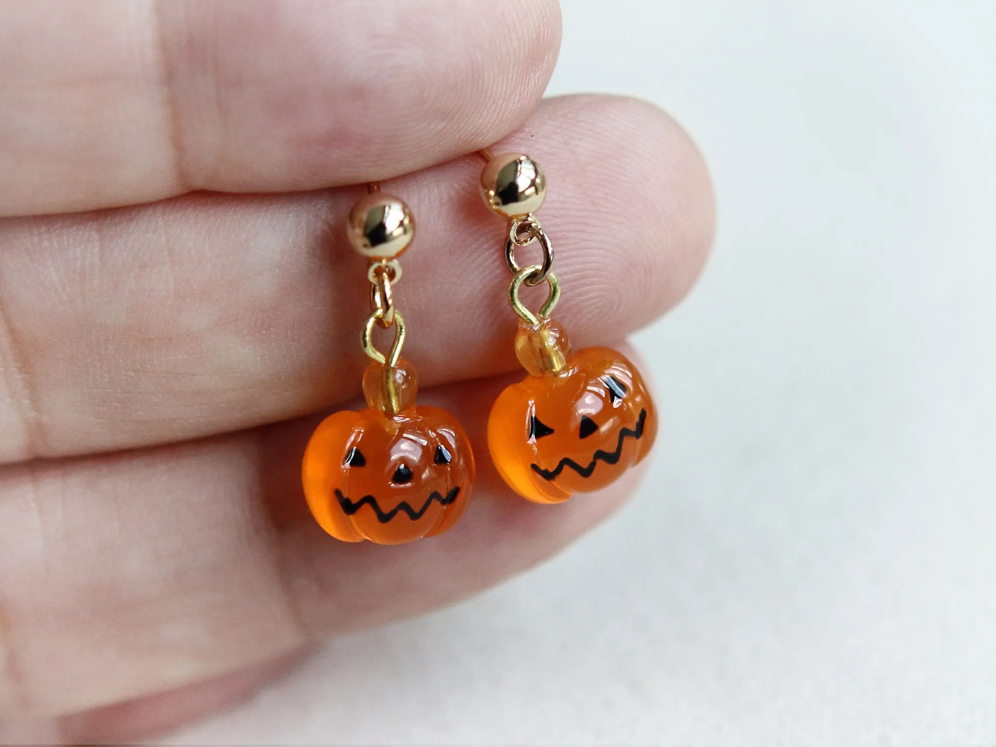 Little Jack O Lantern and Ghost Gold Ball Drop Earrings