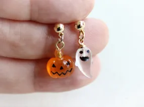 Little Jack O Lantern and Ghost Gold Ball Drop Earrings