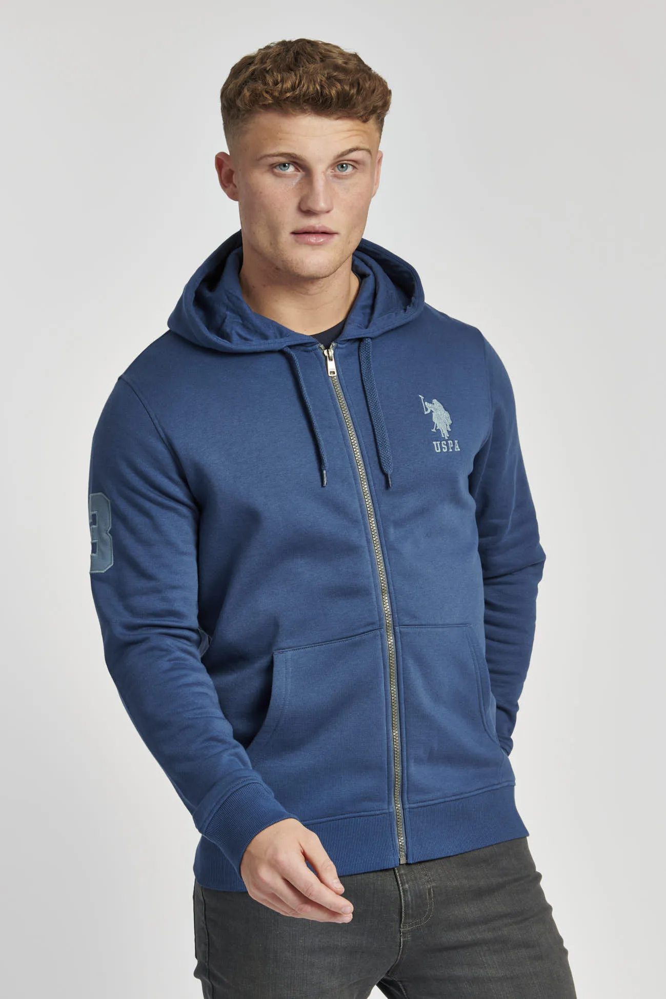 Mens Player 3 Zip-Through Hoodie in Dark Denim