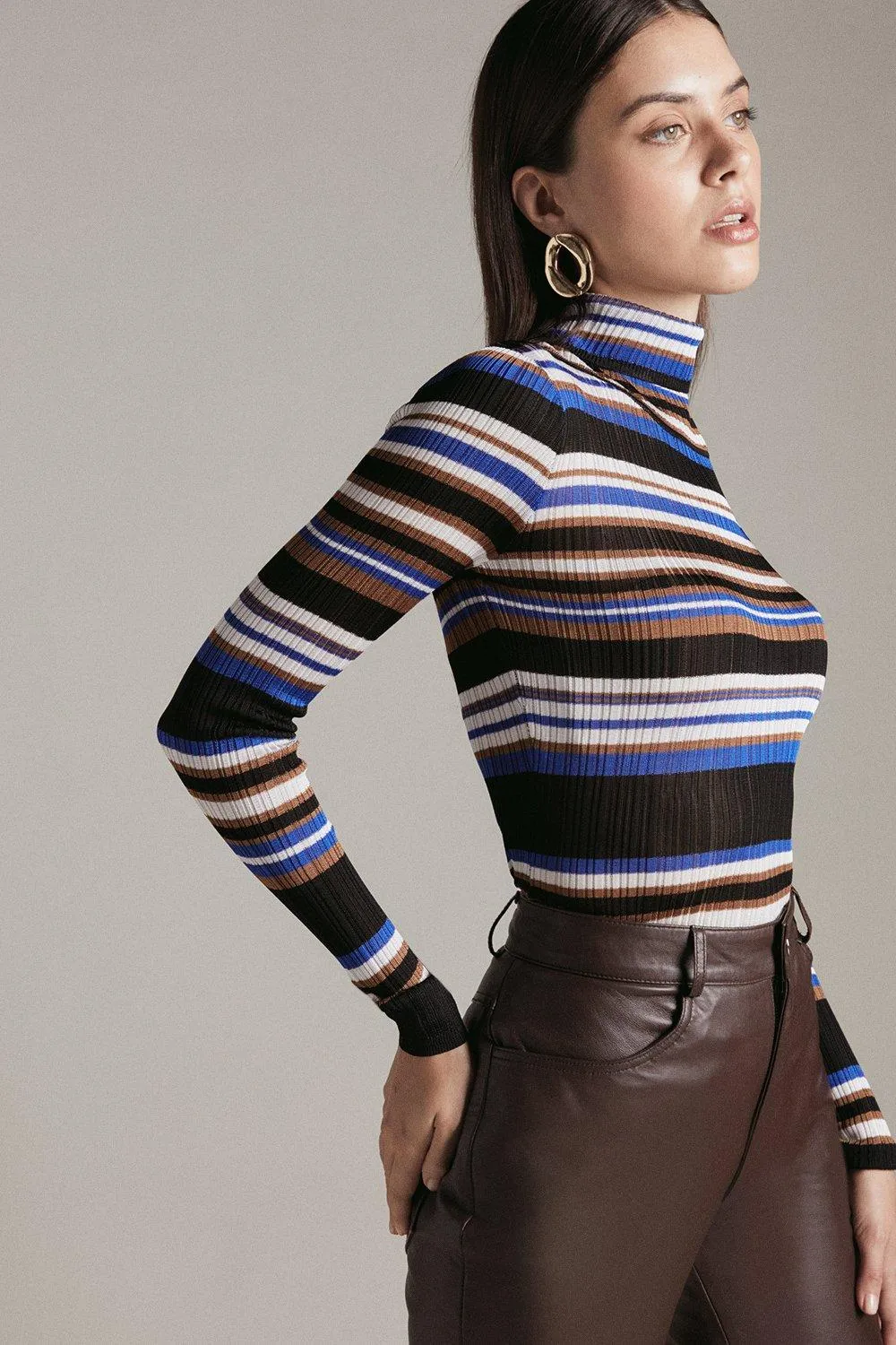 Multi Stripe Knitted Roll Neck Jumper | Karen Millen