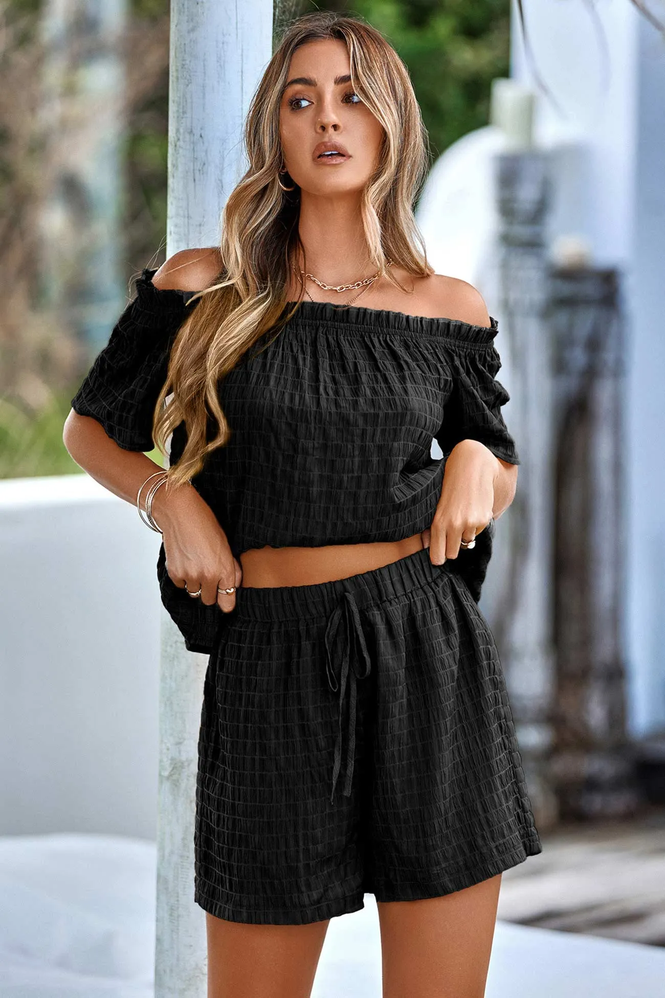 Off Shoulder Tops Two Piece Shorts Set