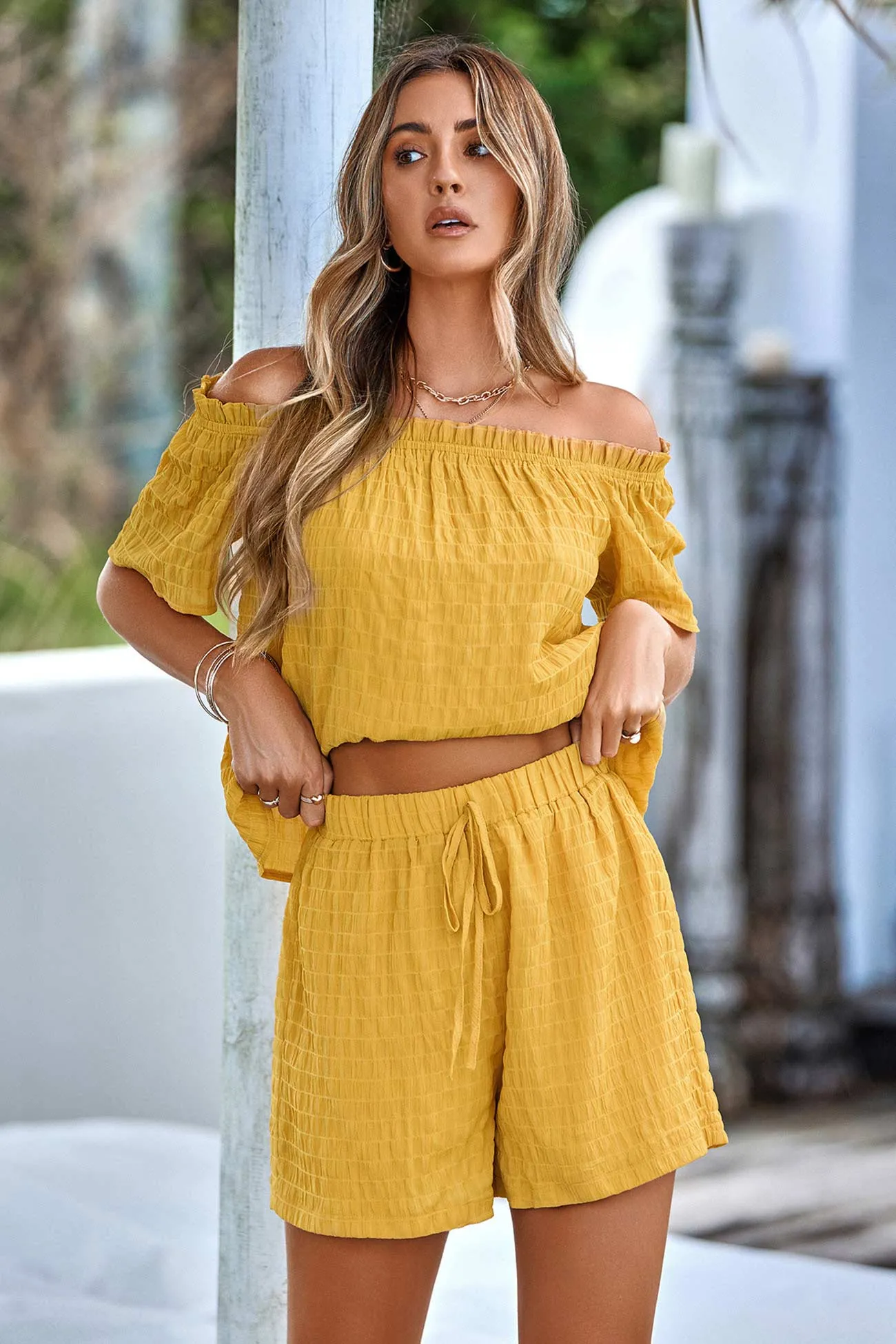 Off Shoulder Tops Two Piece Shorts Set