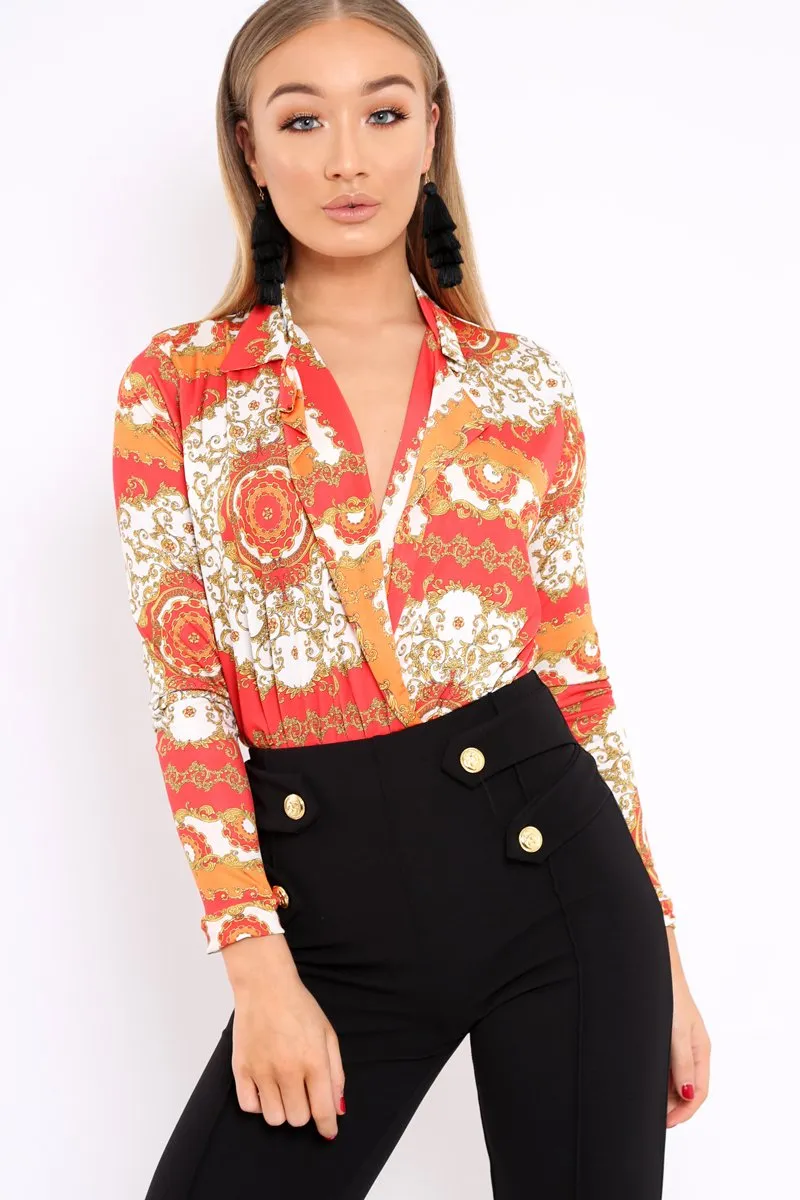 Orange and Red Scarf Print Plunge Bodysuit - Chrissy