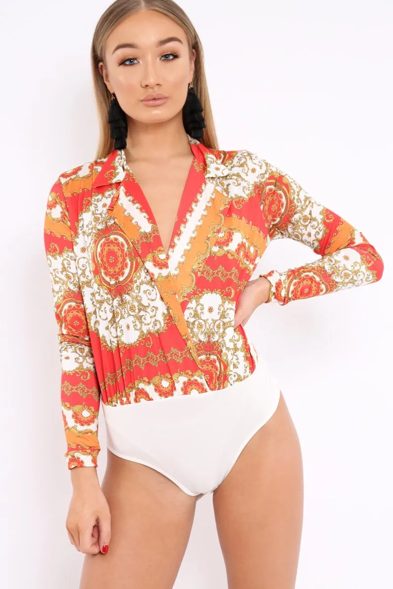 Orange and Red Scarf Print Plunge Bodysuit - Chrissy