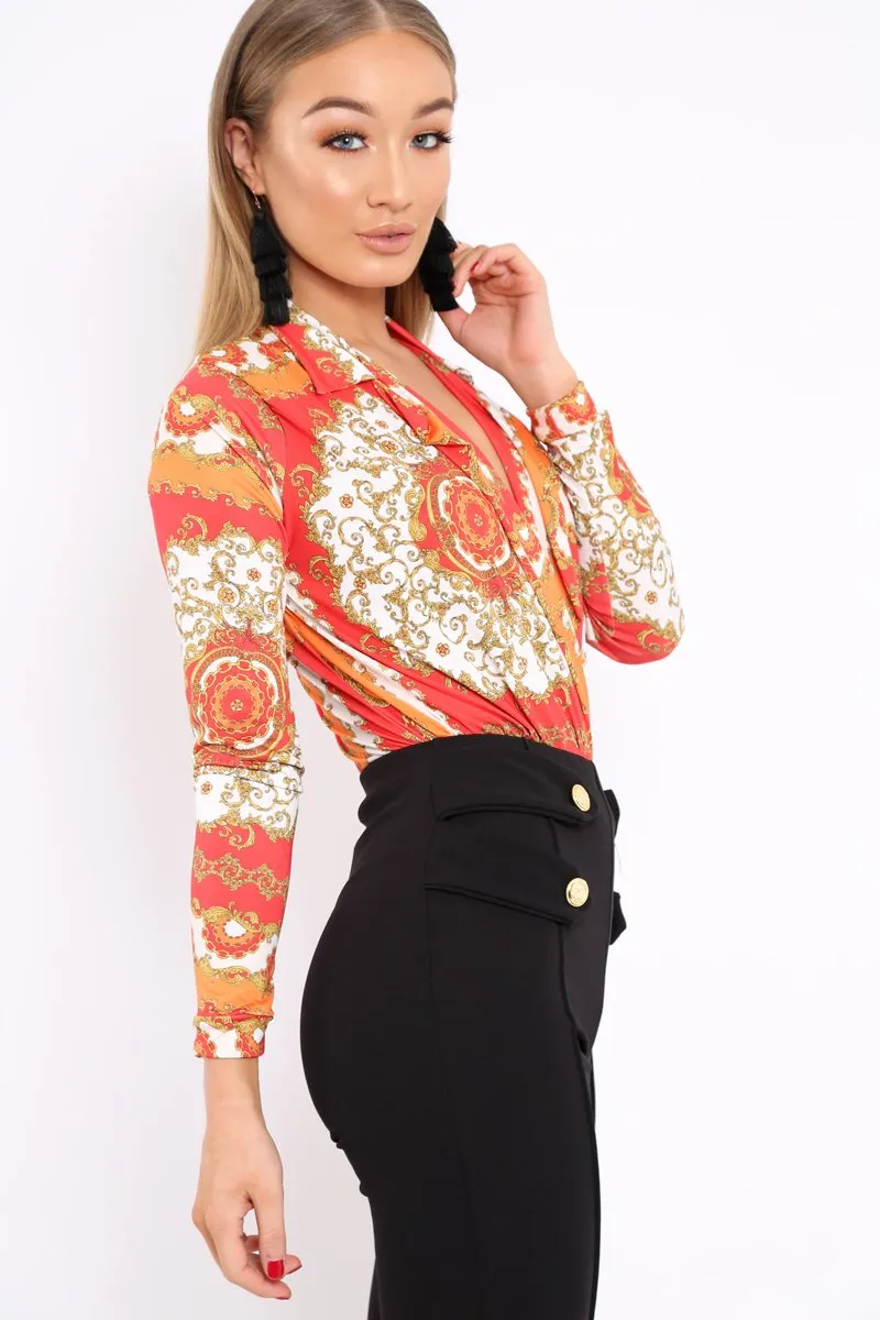 Orange and Red Scarf Print Plunge Bodysuit - Chrissy