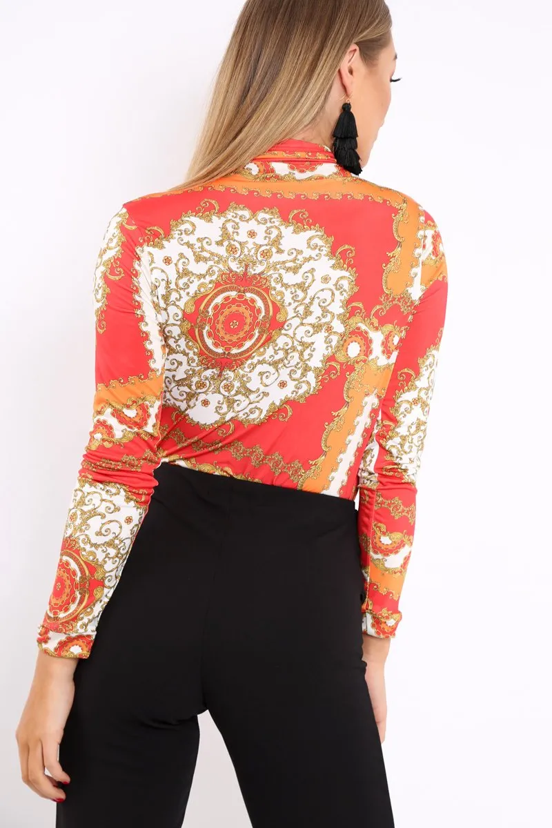 Orange and Red Scarf Print Plunge Bodysuit - Chrissy