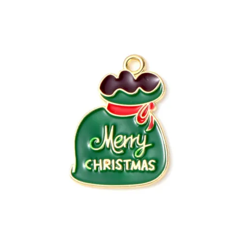 Pendants, Christmas Git Bag, Single-Sided, Green, Enameled, Light Gold Alloy, 24mm