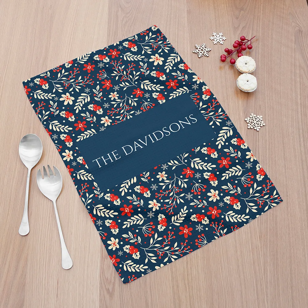 Personalised Christmas Navy Floral Wallpaper Tea Towel