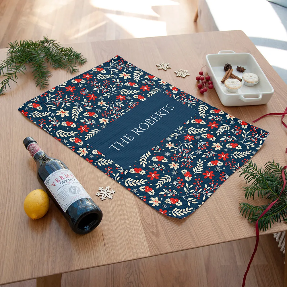 Personalised Christmas Navy Floral Wallpaper Tea Towel