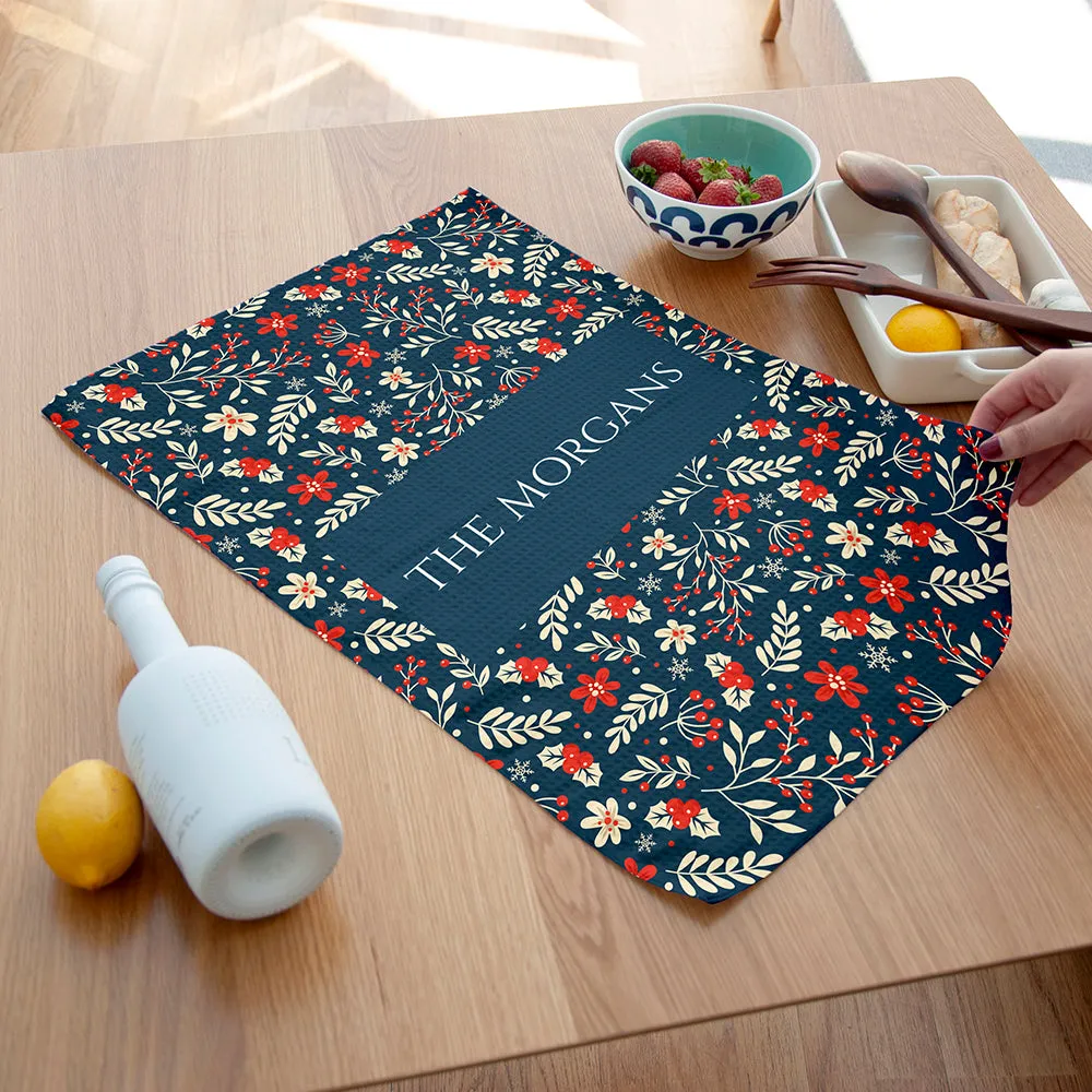 Personalised Christmas Navy Floral Wallpaper Tea Towel