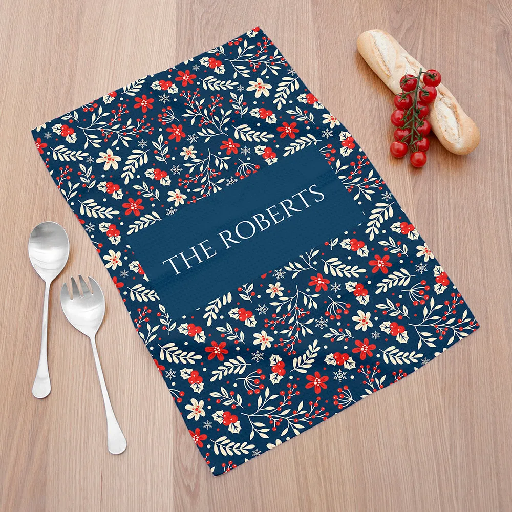 Personalised Christmas Navy Floral Wallpaper Tea Towel