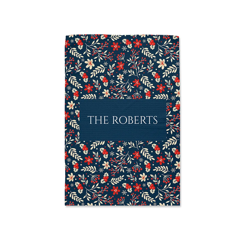 Personalised Christmas Navy Floral Wallpaper Tea Towel