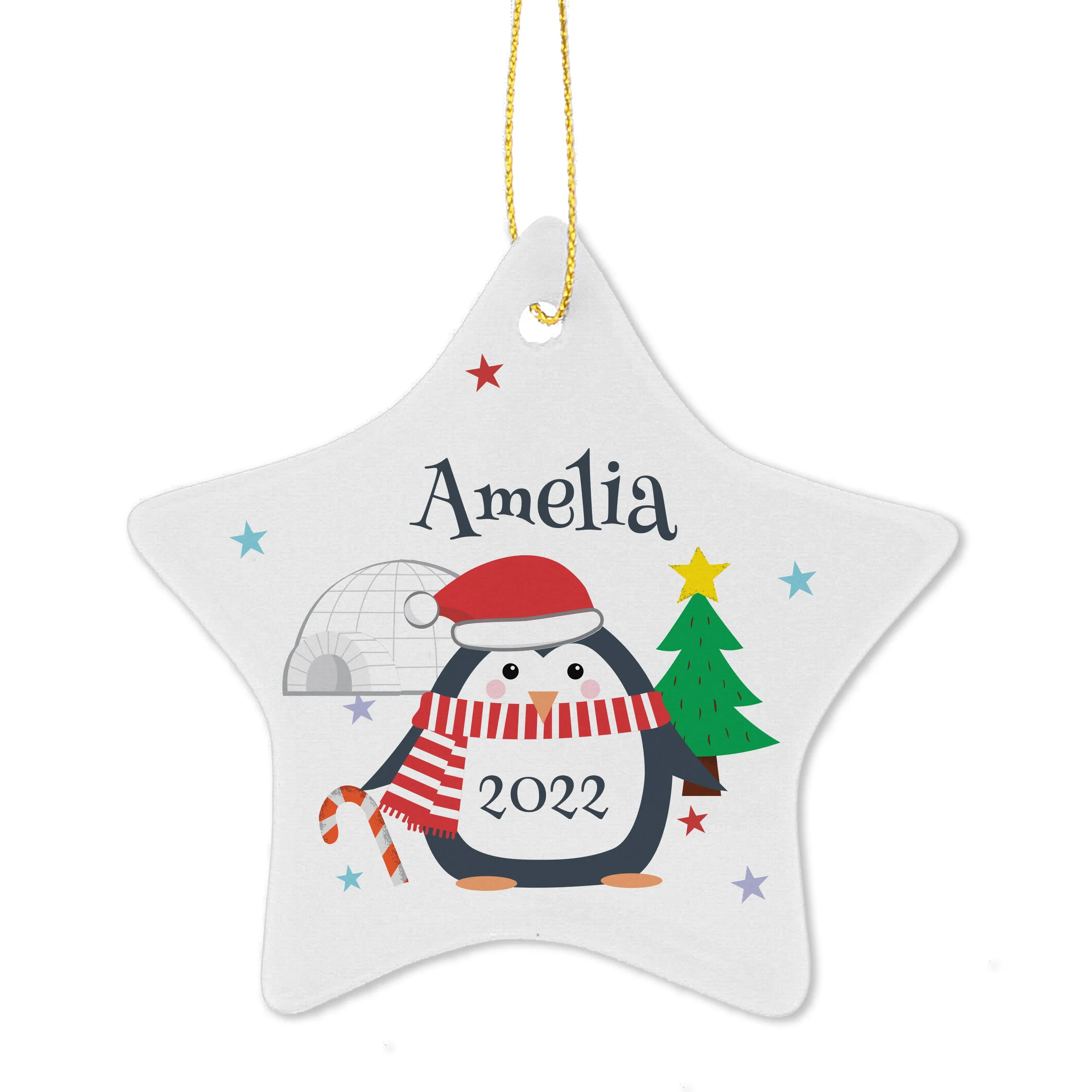 Personalised Christmas Penguin Ceramic Star Decoration