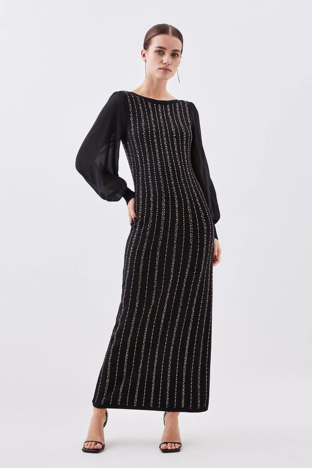 Petite Embellished Chiffon Sleeve Knit Midaxi Dress | Karen Millen