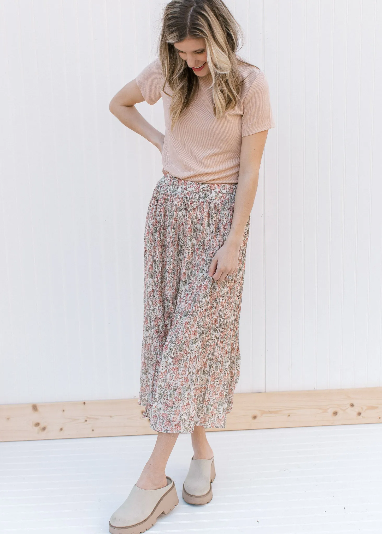 Pink Lotus Pleated Midi Skirt