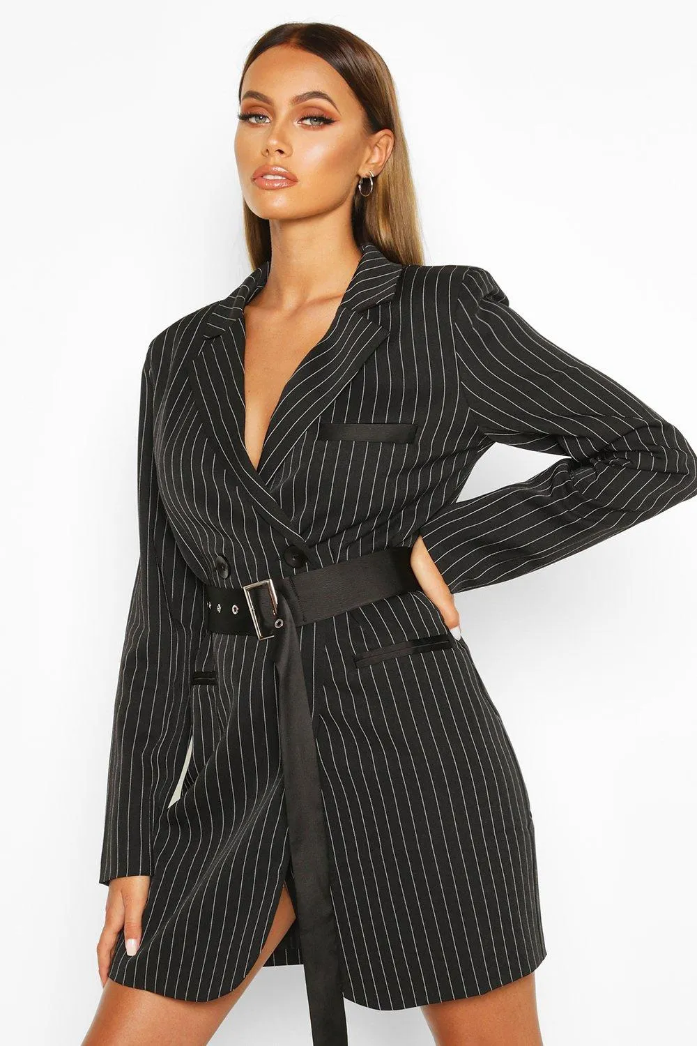 Pinstripe Belted Blazer Dress