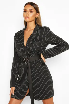 Pinstripe Belted Blazer Dress