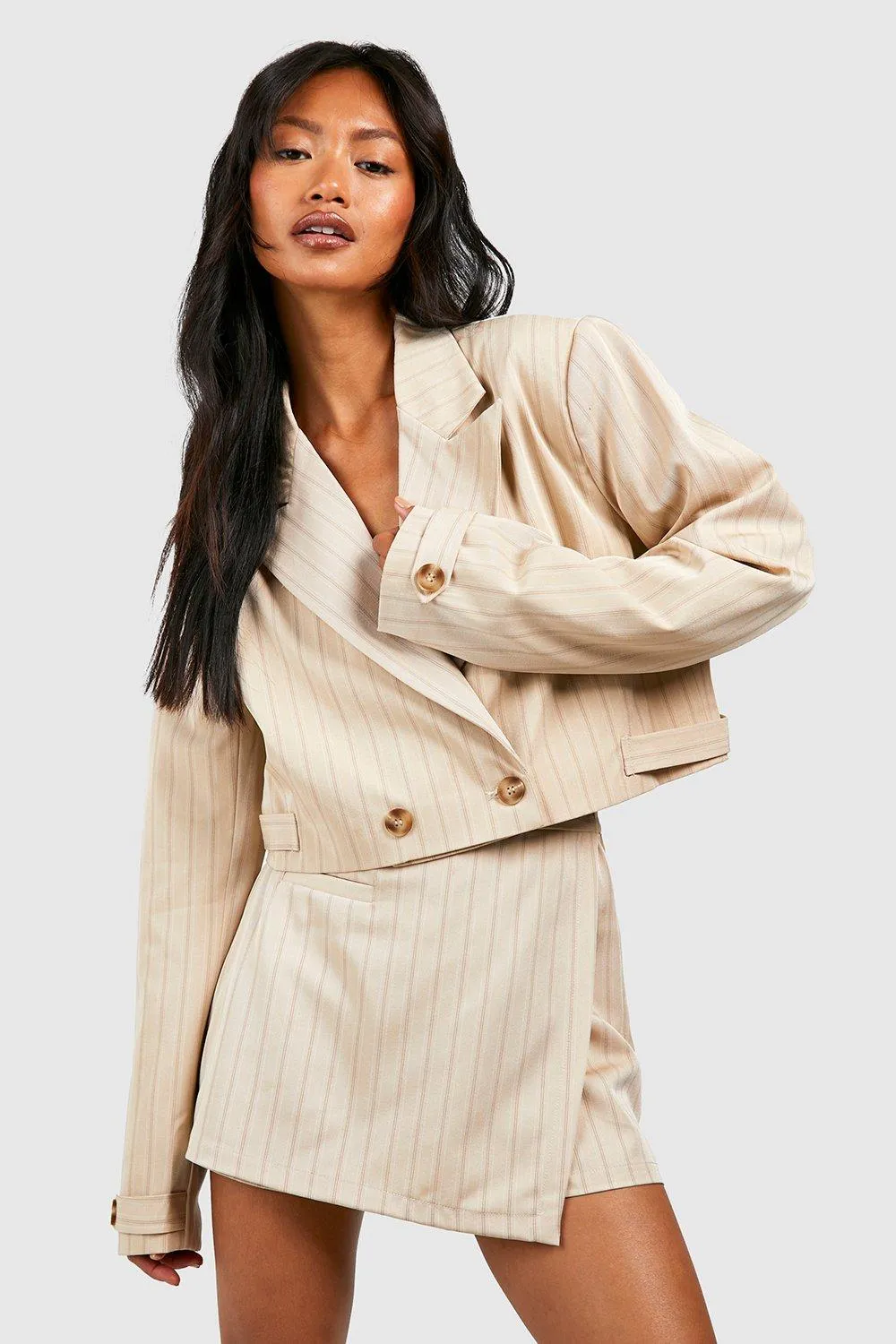 Premium Pinstripe Boxy Cropped Blazer