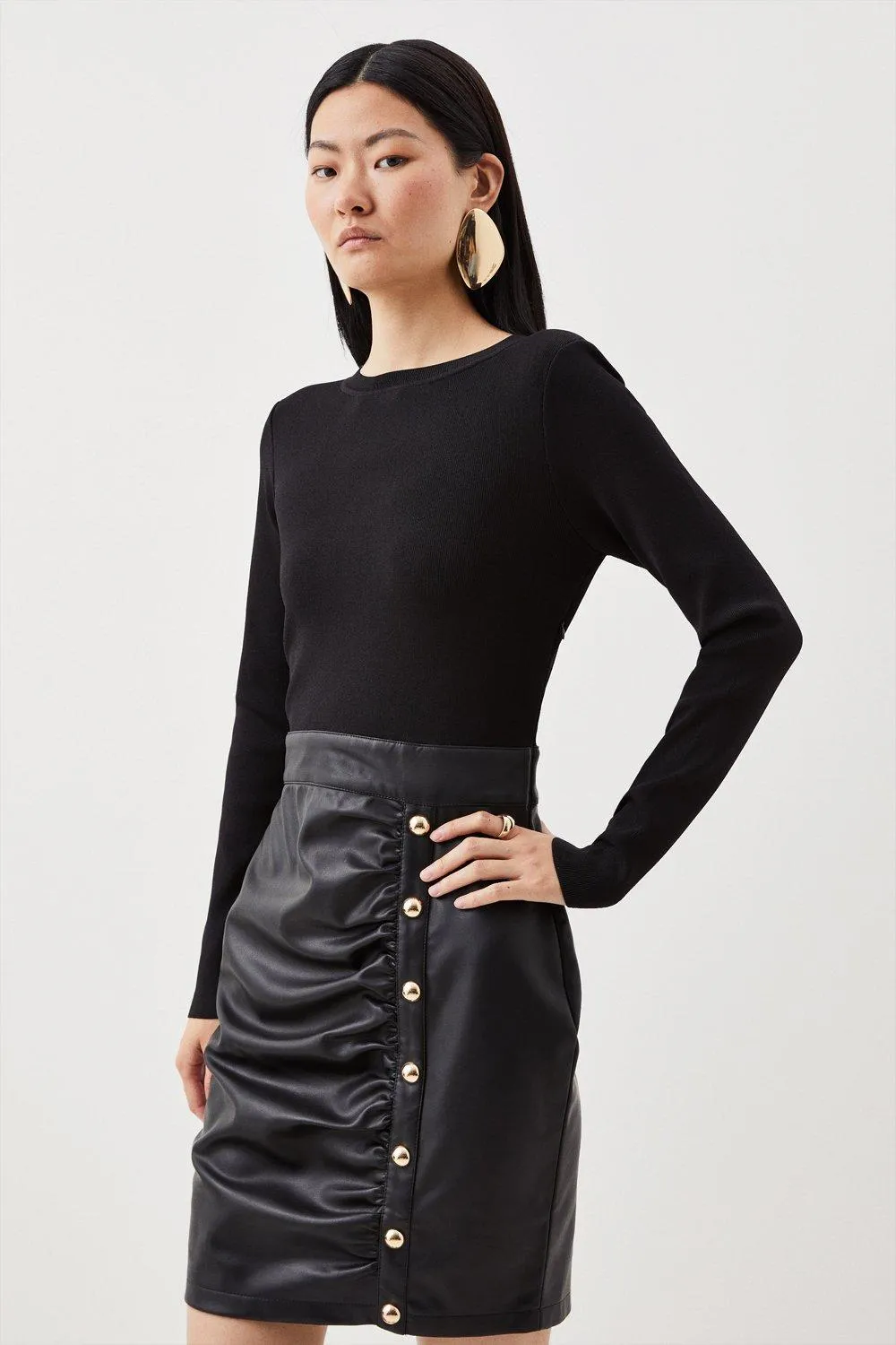 Pu Knit Ruched Skirt Midi Dress | Karen Millen