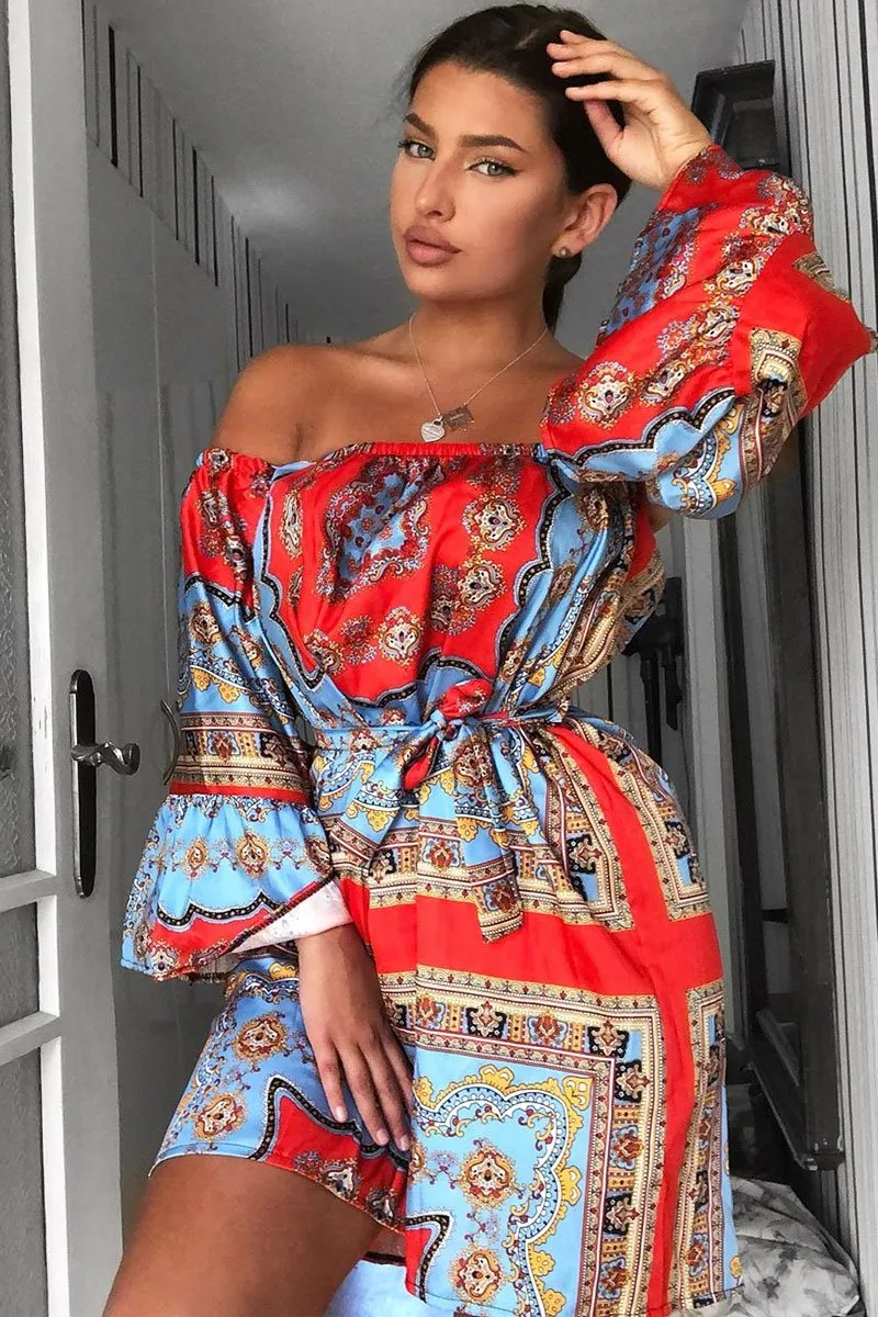 Red Blue Bardot Belted Scarf Print Dress - Kessa