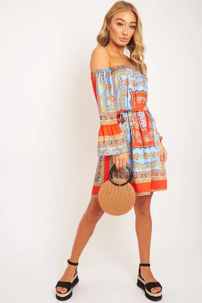 Red Blue Bardot Belted Scarf Print Dress - Kessa