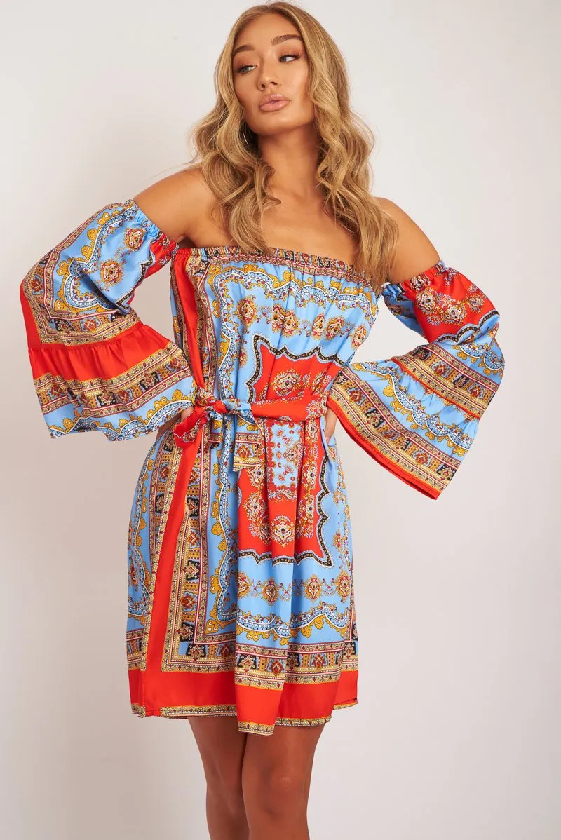 Red Blue Bardot Belted Scarf Print Dress - Kessa