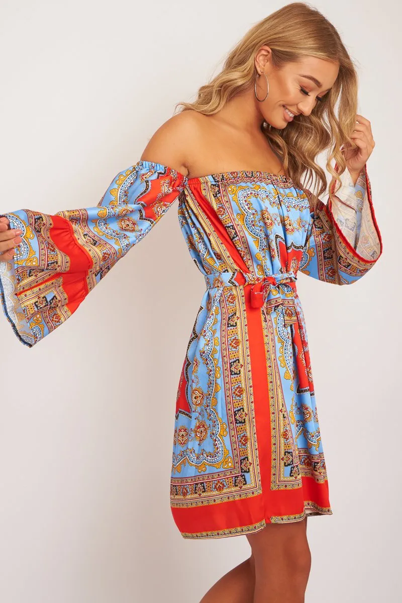 Red Blue Bardot Belted Scarf Print Dress - Kessa