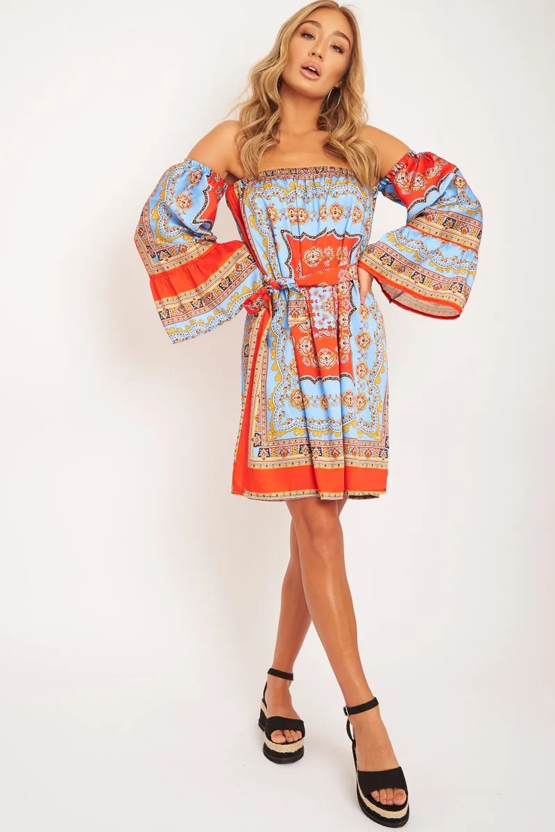 Red Blue Bardot Belted Scarf Print Dress - Kessa