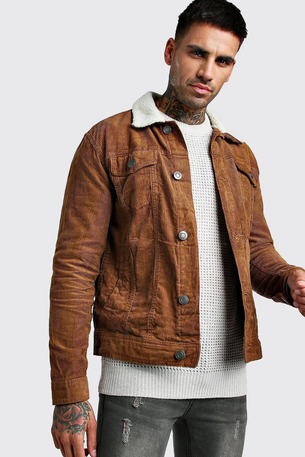 Regular Fit Borg Collar Corduroy Jacket | boohooMAN UK