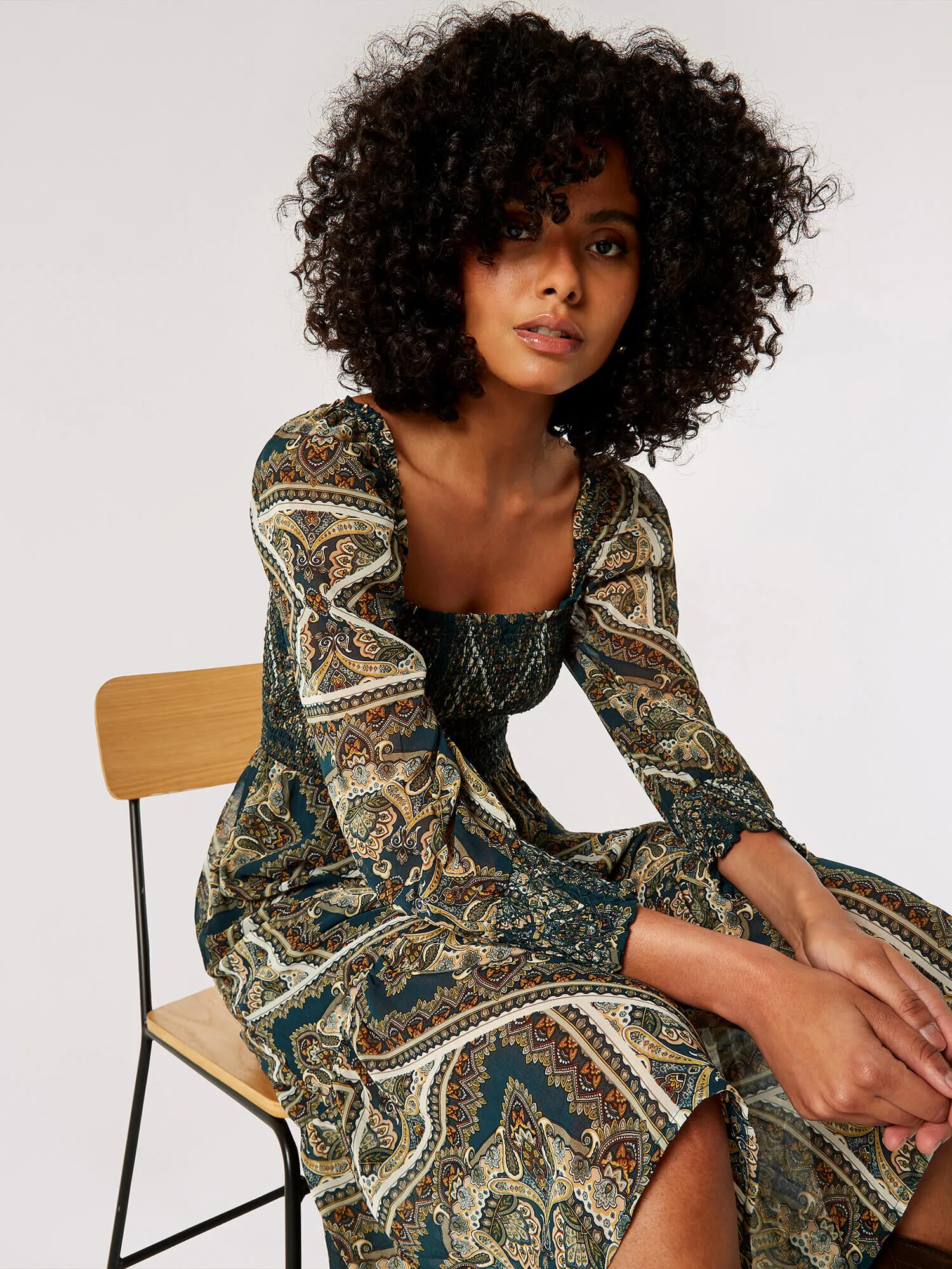 Scarf Print Milkmaid Midi Dress | Apricot Clothing