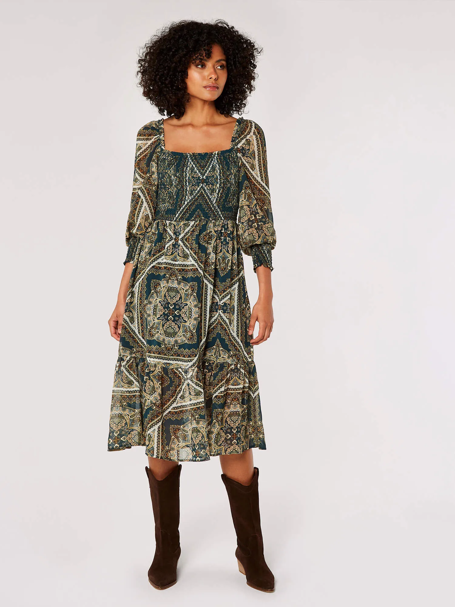 Scarf Print Milkmaid Midi Dress | Apricot Clothing