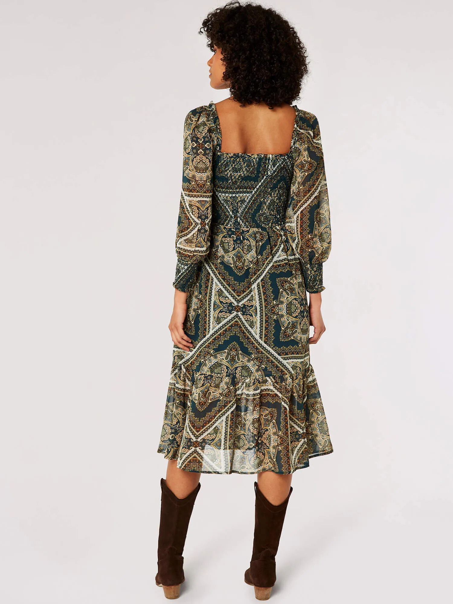 Scarf Print Milkmaid Midi Dress | Apricot Clothing