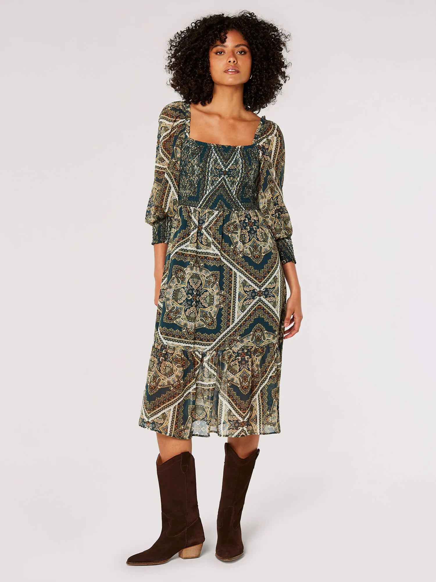 Scarf Print Milkmaid Midi Dress | Apricot Clothing