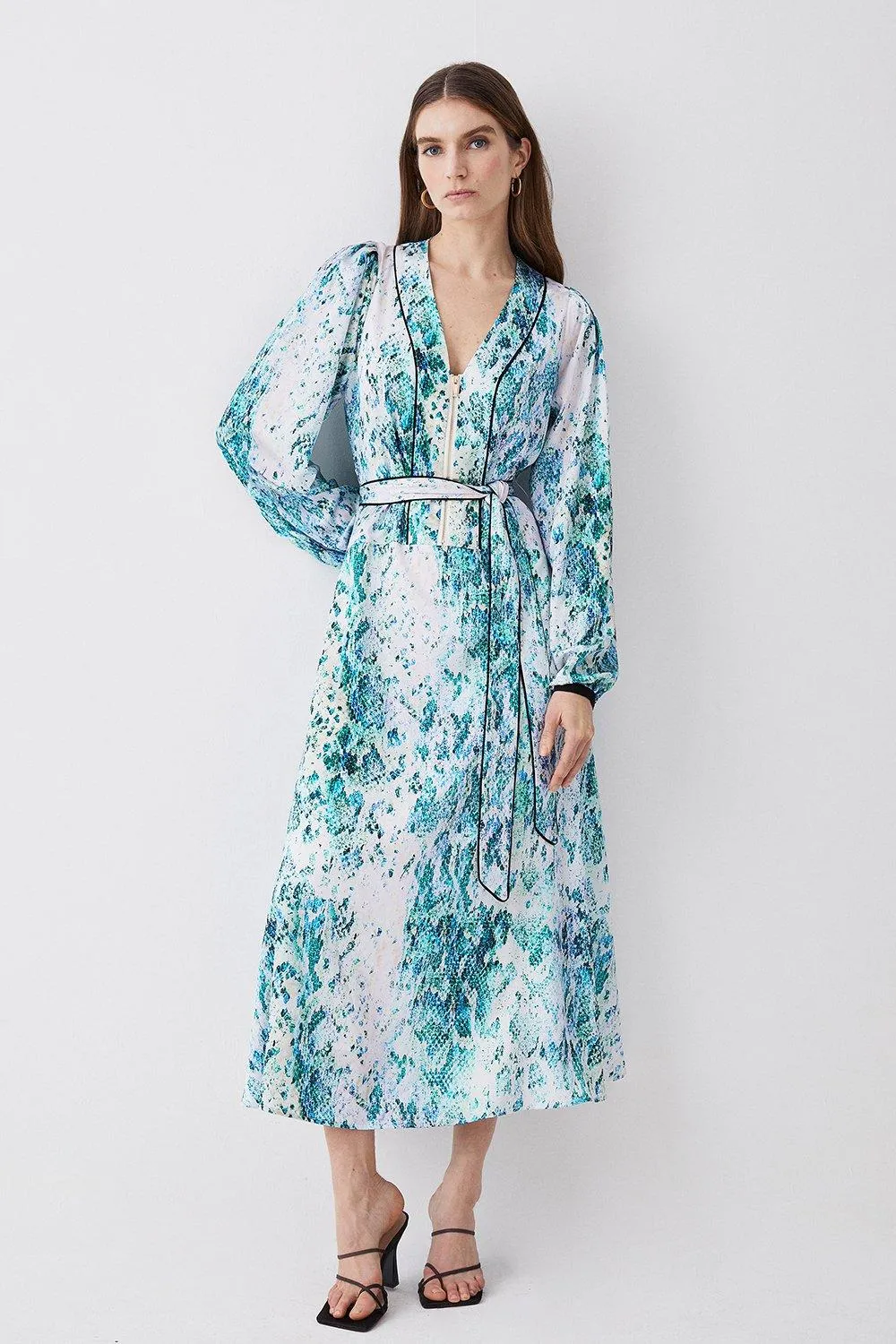 Tall Soft Snake Print Satin Piped Zip Front Midi Dress | Karen Millen