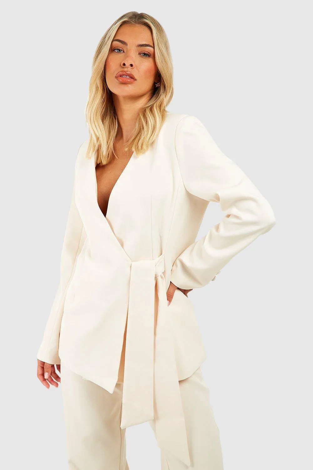 Tie Waist Collarless Tailored Blazer