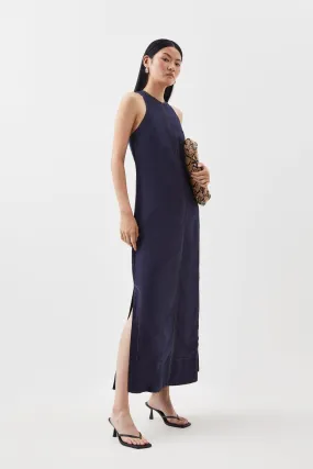 Topstitch Viscose Linen Halter Midi Dress | Karen Millen