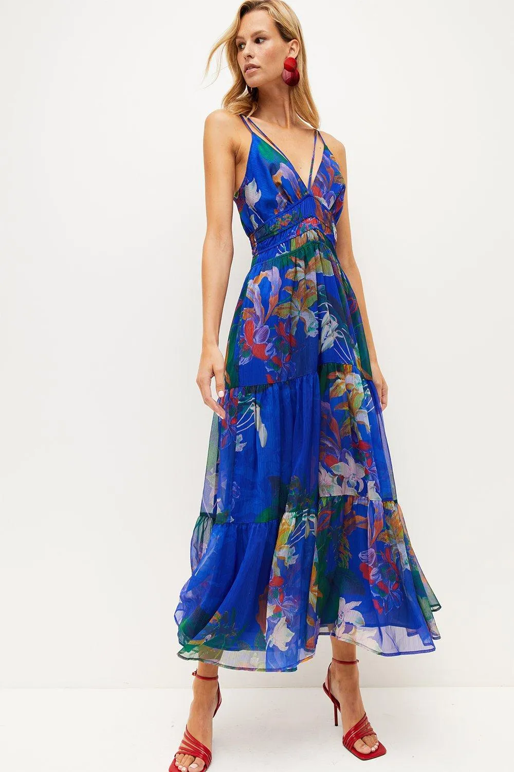 Tropical Strappy Shirred Woven Maxi Dress | Karen Millen