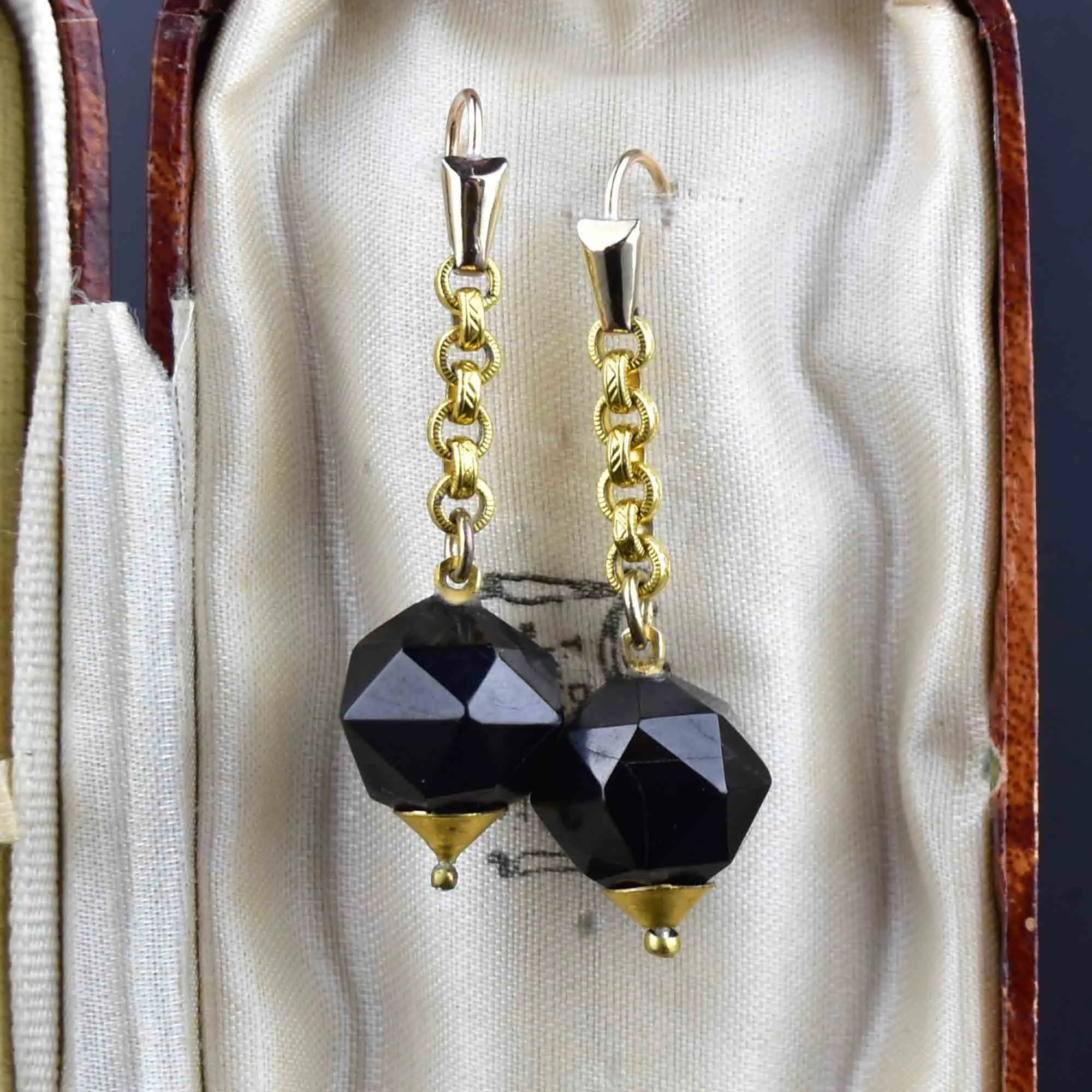 Vintage Carved Whitby Jet Dangle Earrings