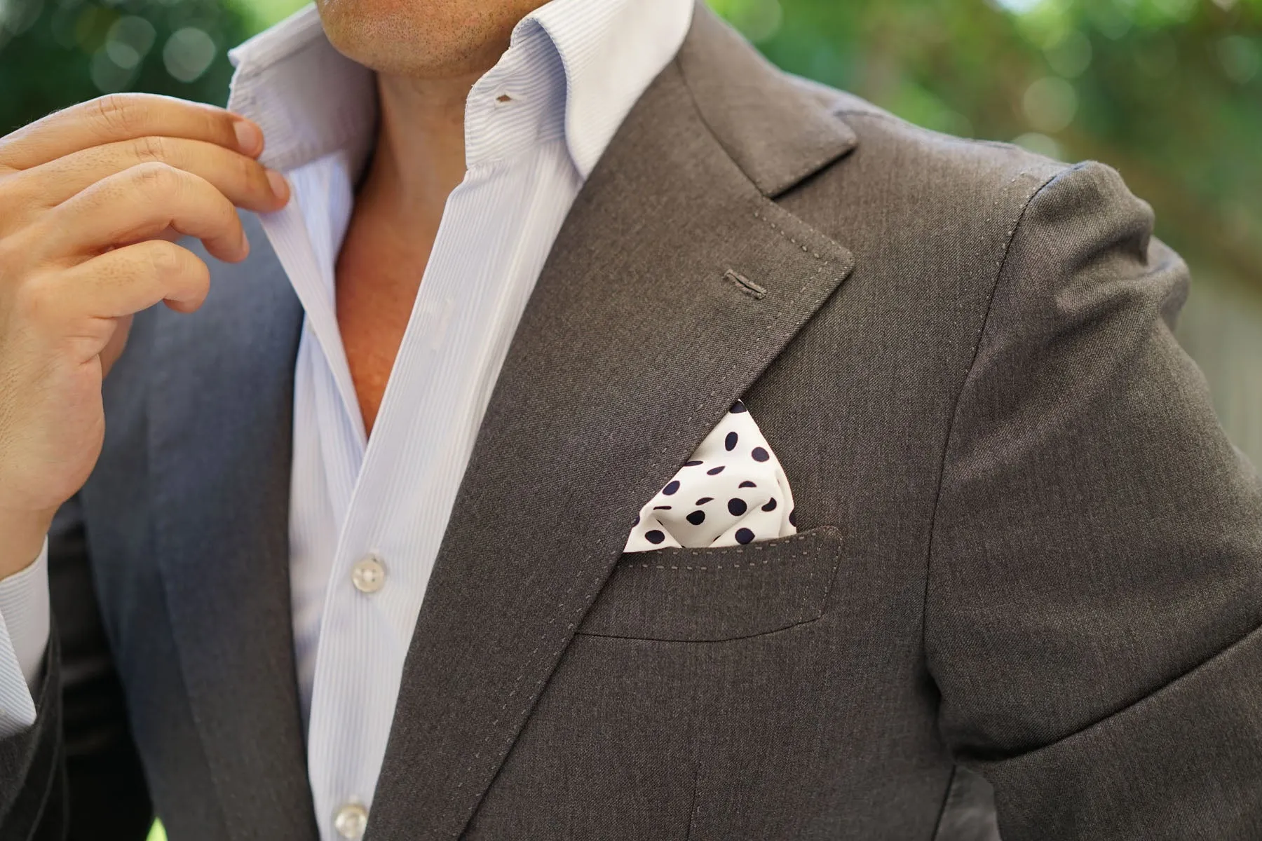 White Cotton with Large Midnight Black Polka Dots Pocket Square