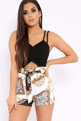 White Scarf Print Tie Shorts - Sheza