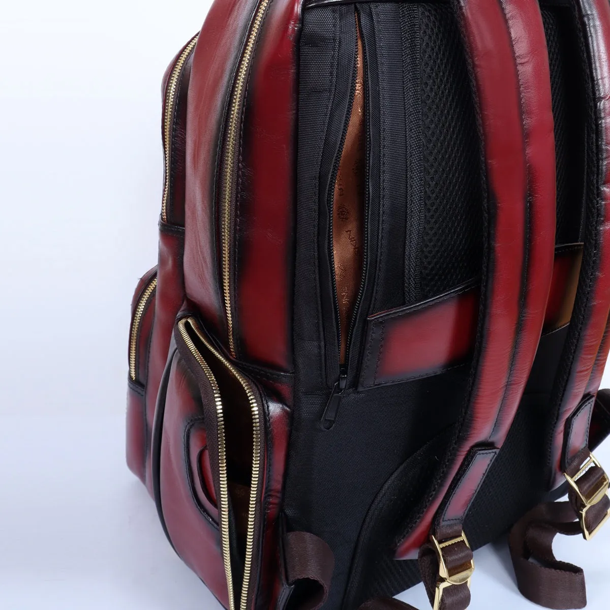 Wine Genuine Leather Backpack With Multi Compartment